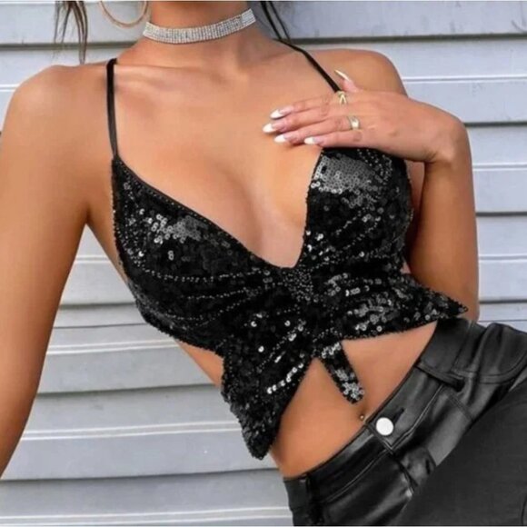 S/M‎ Sexy Black Sequin Butterfly Bustier V-Neck Sling Rave Club Crop Top - Picture 4 of 5
